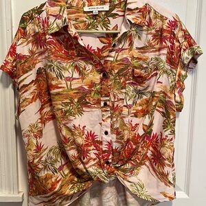 Rose & Olive Women's Button Down Shirt - Red and Green Tropical Print